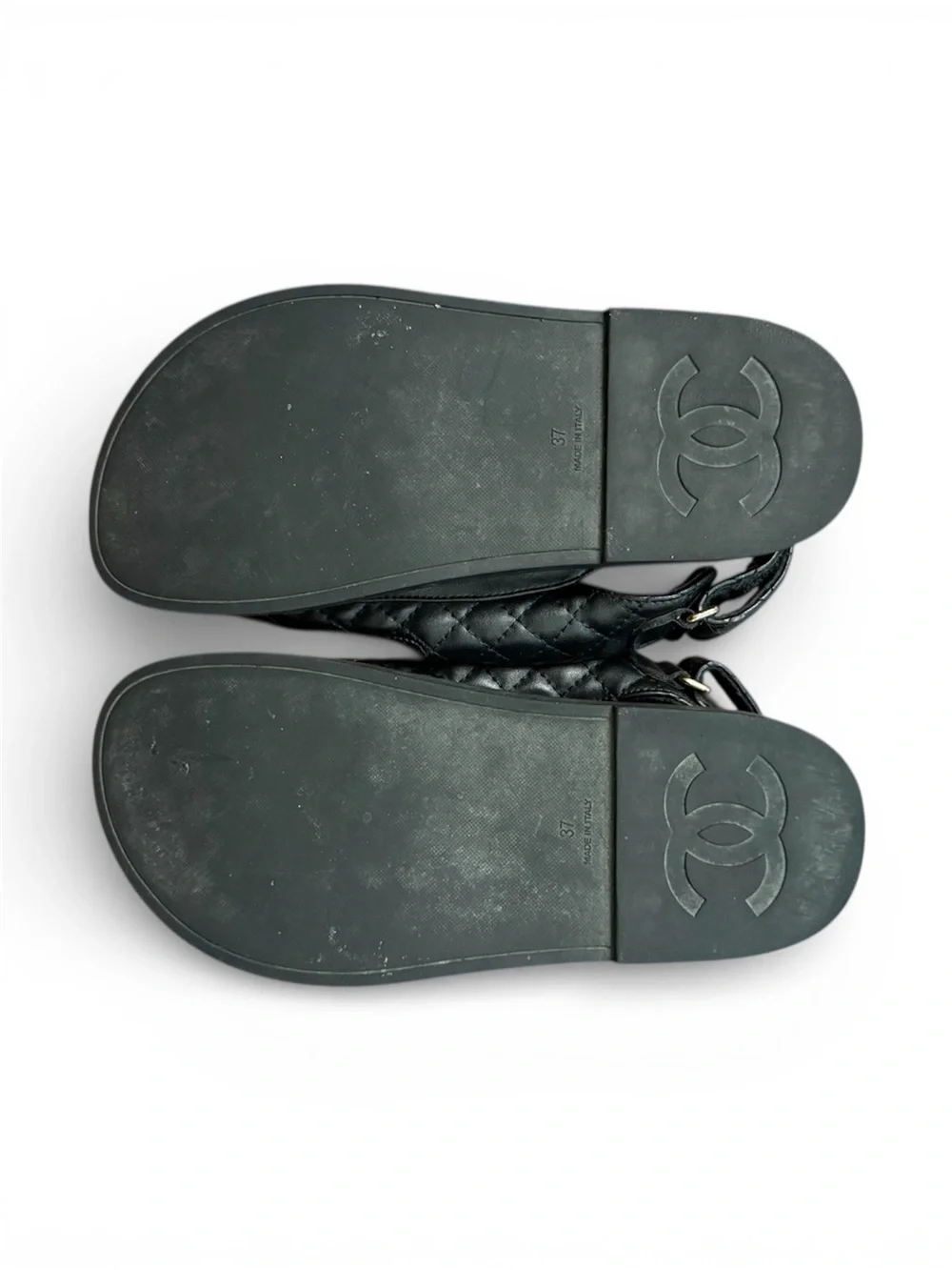 Authentic CHANEL Black Quilted Leather Open-Toe Sandals with Gold CC